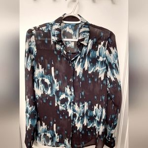 Derek Lam Sheer Long Sleeve Printed Collared Blouse in XS